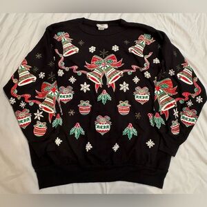 Vtg Crewneck Sweatshirt Sz S/M Holiday Bells Holly Ornaments Snowflakes Glitter